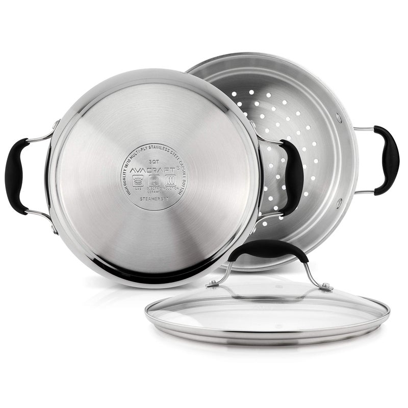 AVACRAFT 18/10, 3 Piece Stainless Steel Steamer Cooking Pot & Pan Set with Glass Lid, Momo Maker, Induction - Image 4